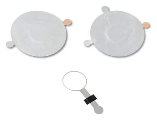 A circular Cellerate Protocell pouch with three attached tabs for anode, cathode, and reference connections.