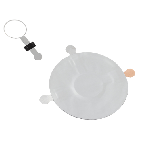 A circular Cellerate Protocell pouch with three attached tabs for anode, cathode, and reference connections.